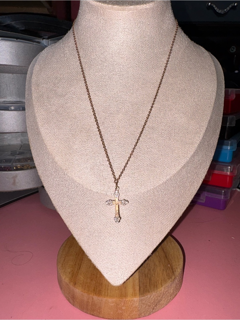 1928 Gold-Tone Cross Pendant Necklace with Silver Accents